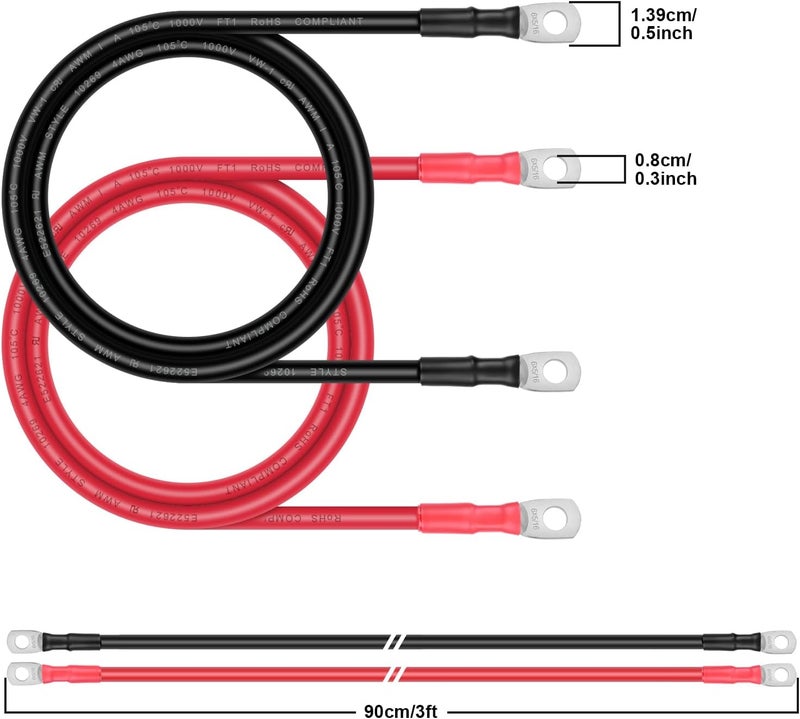 iGreely Battery Cables 6 Gauge Battery Power Inverter Cables with Lugs for Solar Panle Automotive Motorcycle RV & Marine Made with Tinned Copper 1 Black & 1 Red 6AWG 3ft/90cm - Image 2